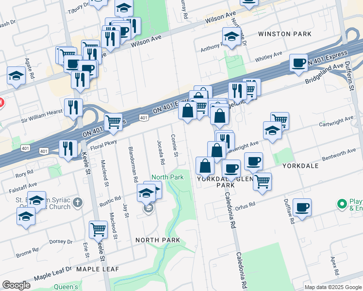 map of restaurants, bars, coffee shops, grocery stores, and more near in Toronto