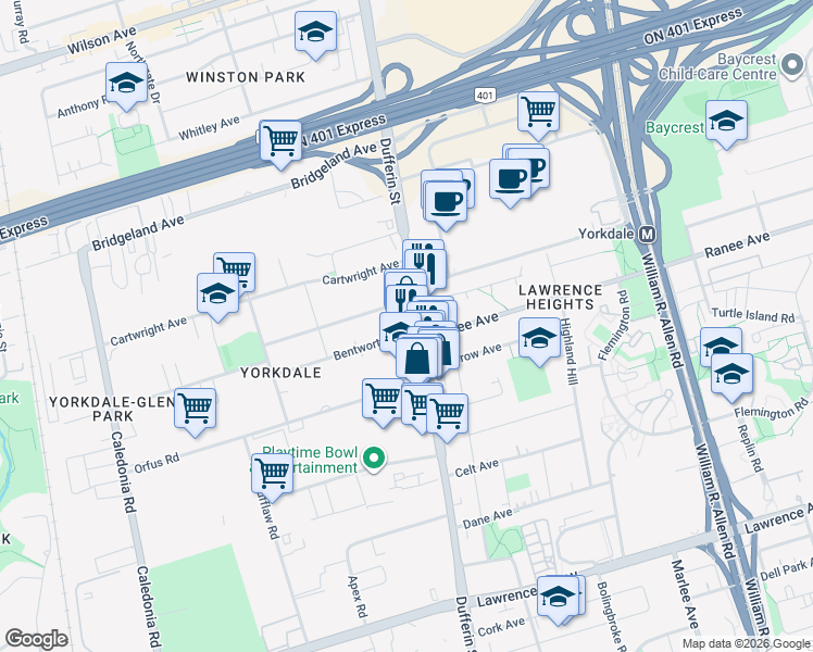 map of restaurants, bars, coffee shops, grocery stores, and more near in Toronto