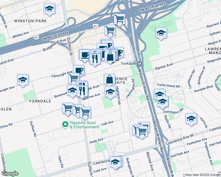 map of restaurants, bars, coffee shops, grocery stores, and more near in Toronto