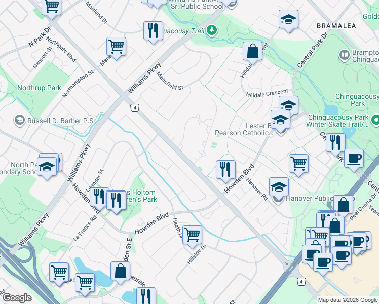 map of restaurants, bars, coffee shops, grocery stores, and more near 9341 Dixie Road in Brampton