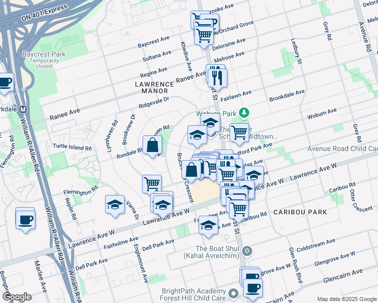 map of restaurants, bars, coffee shops, grocery stores, and more near in Toronto