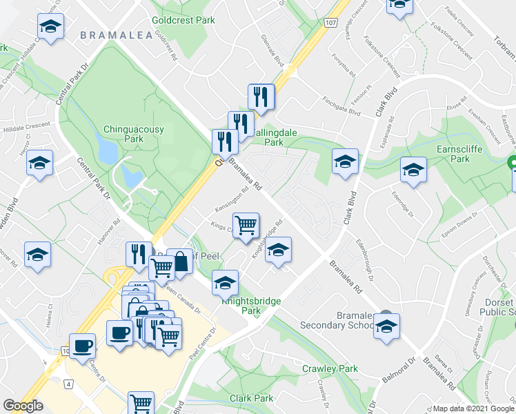 map of restaurants, bars, coffee shops, grocery stores, and more near in Brampton
