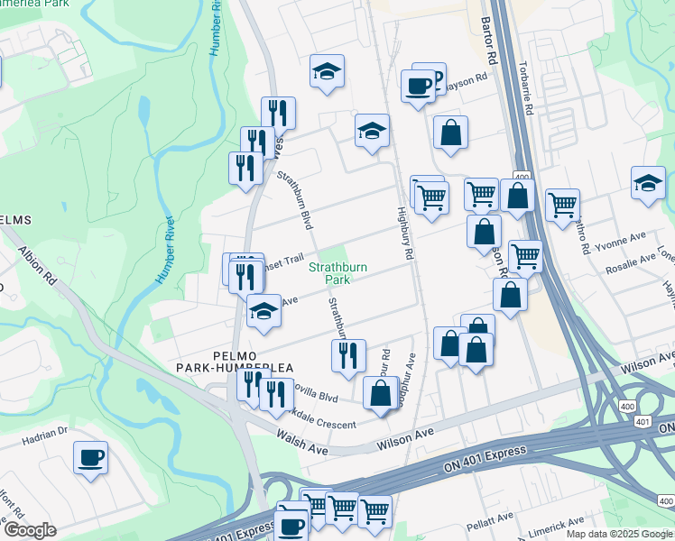 map of restaurants, bars, coffee shops, grocery stores, and more near 55 Strathburn Boulevard in Toronto