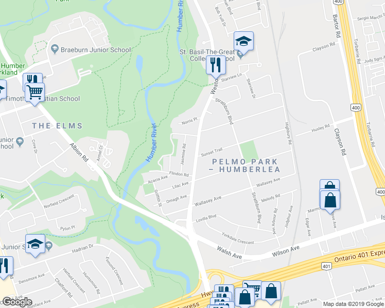 map of restaurants, bars, coffee shops, grocery stores, and more near 2862 Weston Road in Toronto