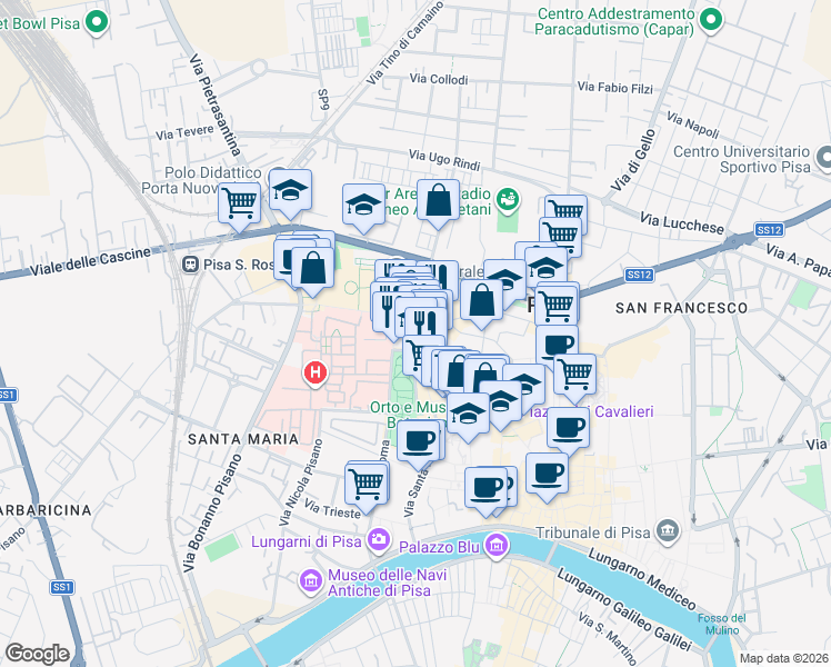 map of restaurants, bars, coffee shops, grocery stores, and more near 177 Via Santa Maria in Pisa