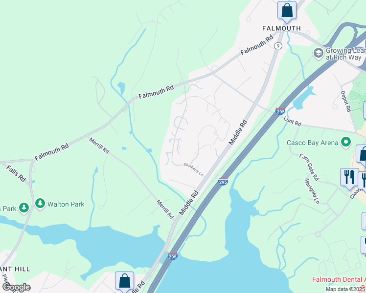 map of restaurants, bars, coffee shops, grocery stores, and more near 32 Blueberry Lane in Falmouth