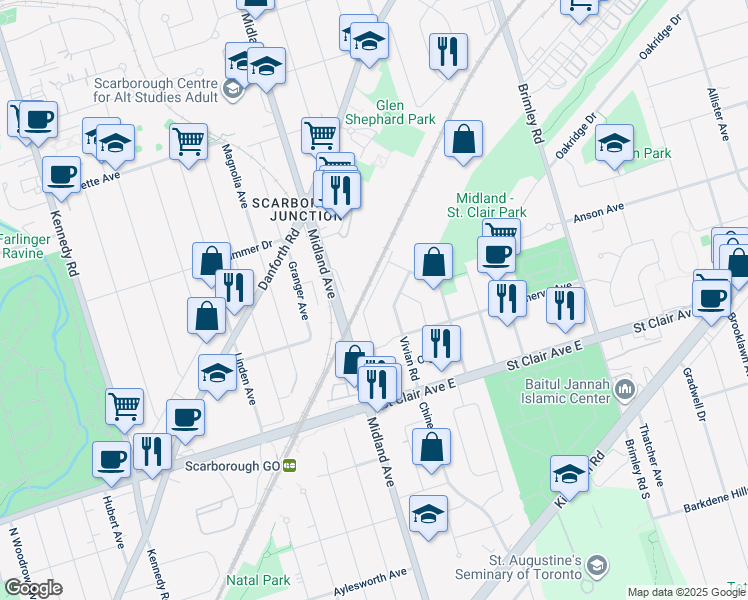 map of restaurants, bars, coffee shops, grocery stores, and more near 77 National Street in Toronto