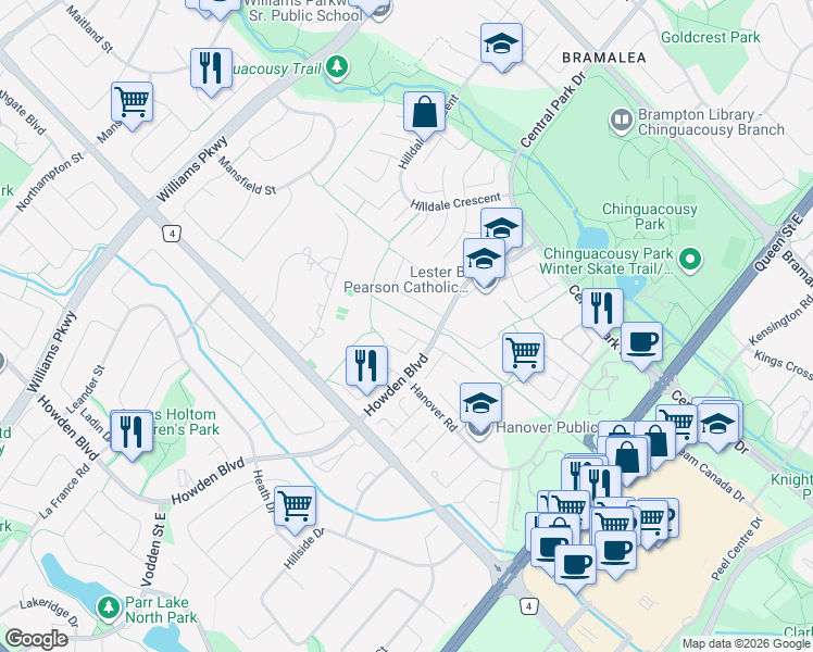 map of restaurants, bars, coffee shops, grocery stores, and more near 8 Hillpark Trail in Brampton