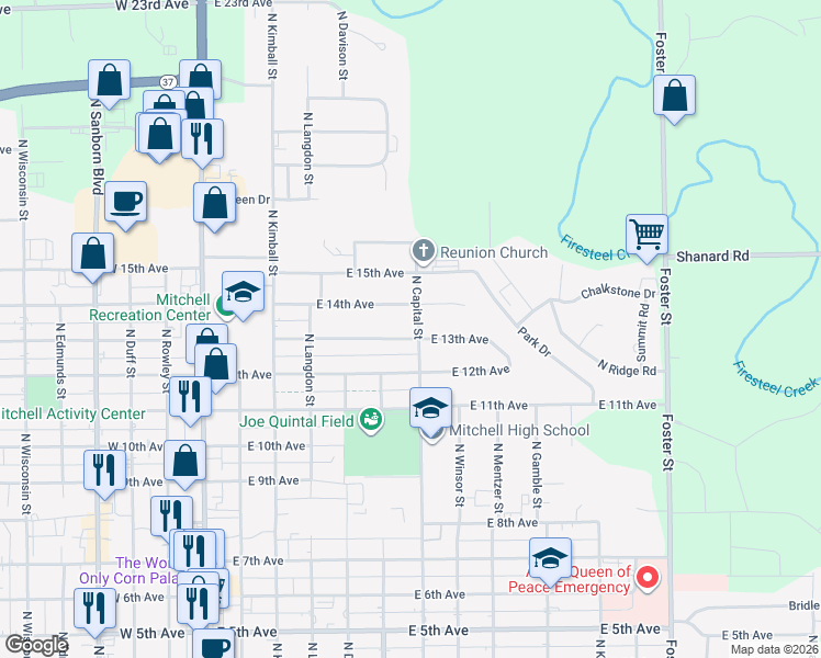map of restaurants, bars, coffee shops, grocery stores, and more near 1301 North Capital Street in Mitchell