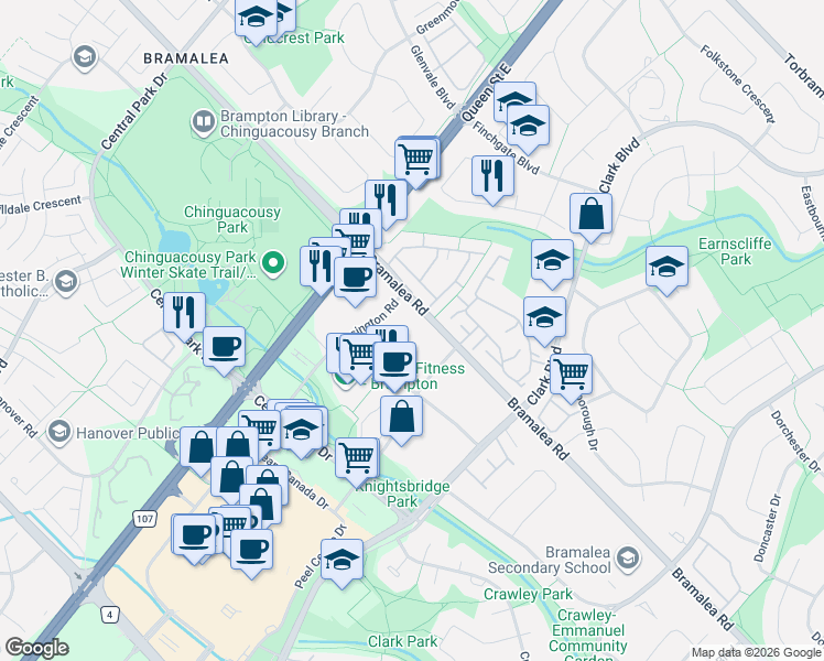 map of restaurants, bars, coffee shops, grocery stores, and more near 25 Kensington Road in Brampton