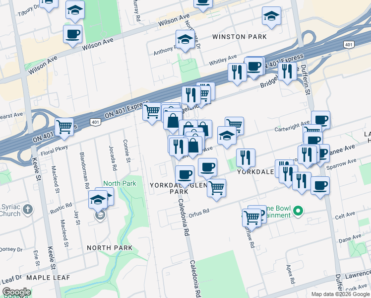 map of restaurants, bars, coffee shops, grocery stores, and more near 136 Cartwright Avenue in Toronto