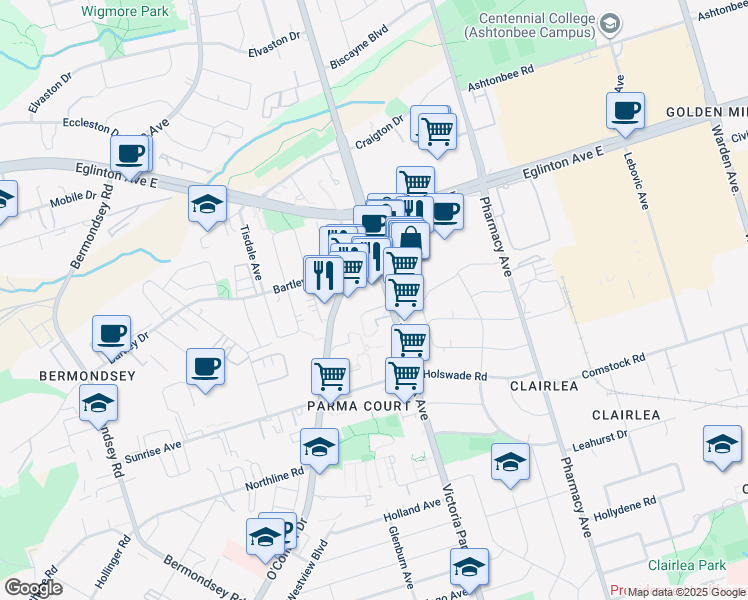 map of restaurants, bars, coffee shops, grocery stores, and more near in Toronto