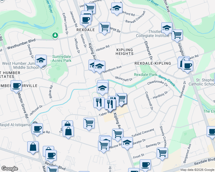 map of restaurants, bars, coffee shops, grocery stores, and more near 2181 Kipling Avenue in Toronto