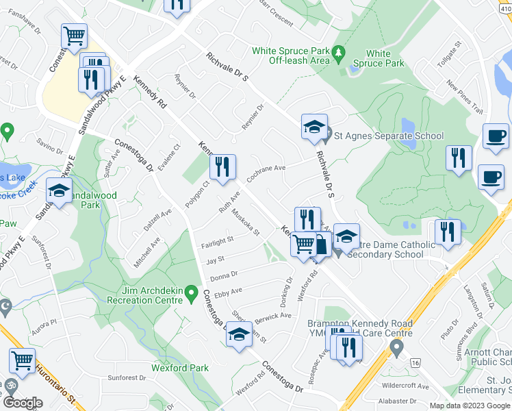 map of restaurants, bars, coffee shops, grocery stores, and more near 4642 Silverstream Road in Brampton