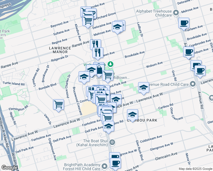 map of restaurants, bars, coffee shops, grocery stores, and more near 674 Bedford Park Avenue in Toronto