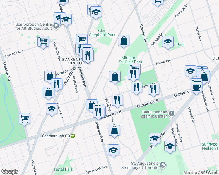 map of restaurants, bars, coffee shops, grocery stores, and more near 20 Gleneita Street in Toronto