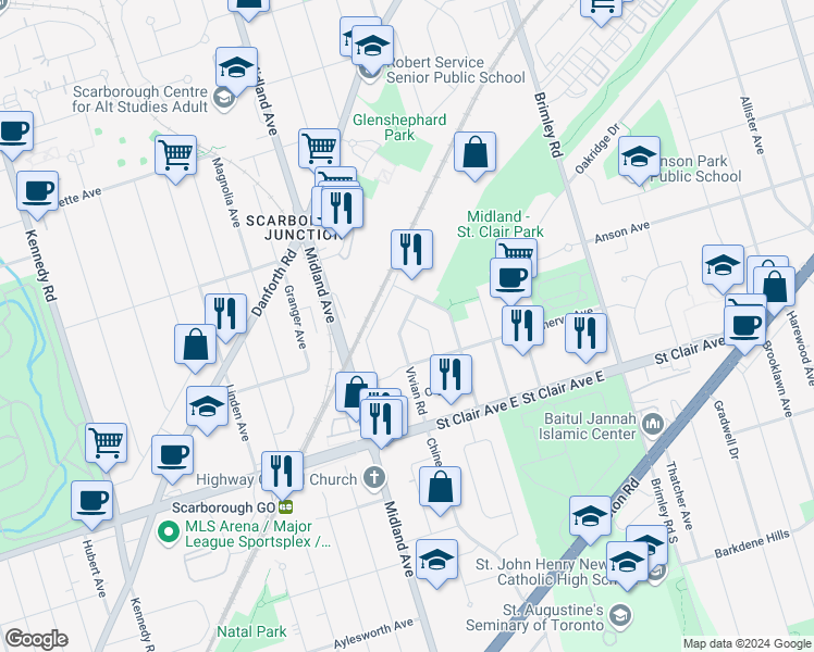 map of restaurants, bars, coffee shops, grocery stores, and more near 26 Gleneita Street in Toronto