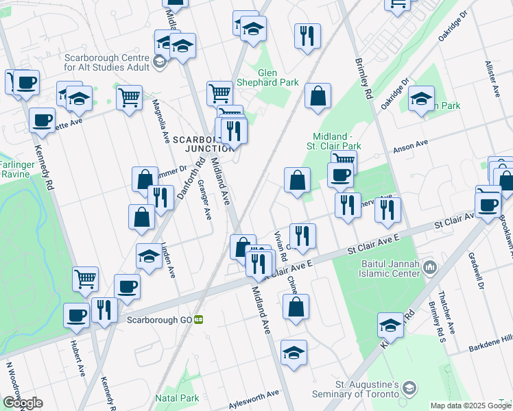 map of restaurants, bars, coffee shops, grocery stores, and more near 79 National Street in Toronto