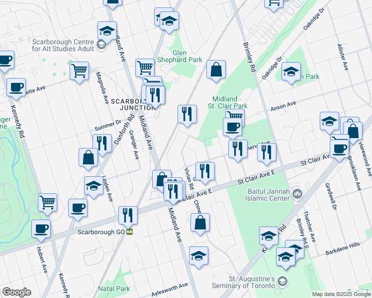 map of restaurants, bars, coffee shops, grocery stores, and more near 24 Gleneita Street in Toronto
