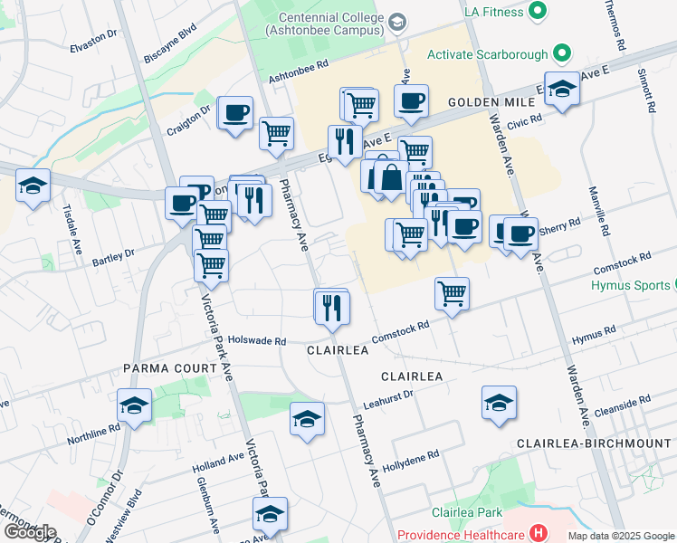 map of restaurants, bars, coffee shops, grocery stores, and more near 807 Pharmacy Avenue in Toronto