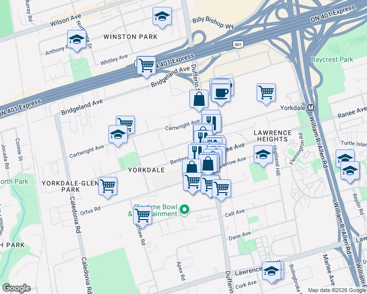 map of restaurants, bars, coffee shops, grocery stores, and more near 35 McAdam Avenue in Toronto