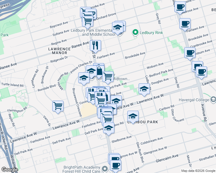 map of restaurants, bars, coffee shops, grocery stores, and more near 658 Bedford Park Avenue in Toronto