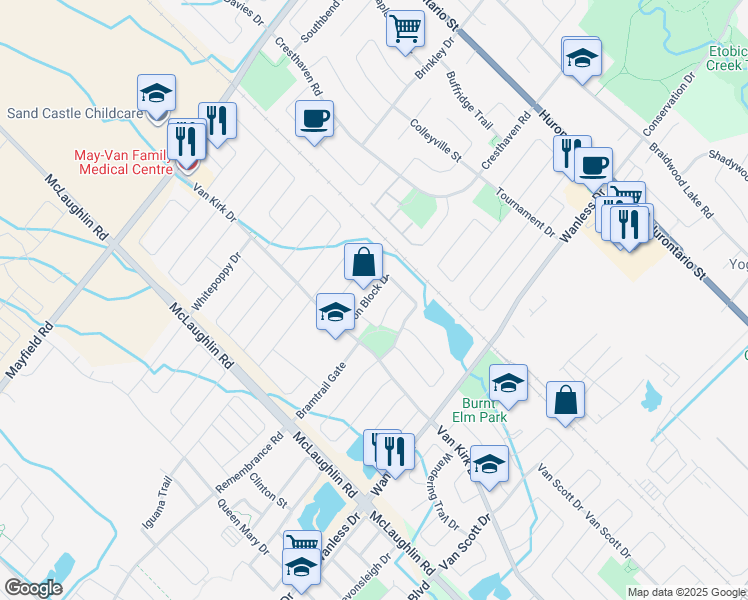 map of restaurants, bars, coffee shops, grocery stores, and more near 66 Iron Block Drive in Brampton