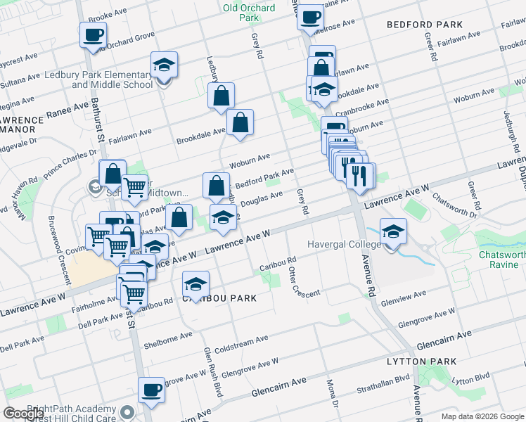 map of restaurants, bars, coffee shops, grocery stores, and more near 414 Glengarry Avenue in Toronto