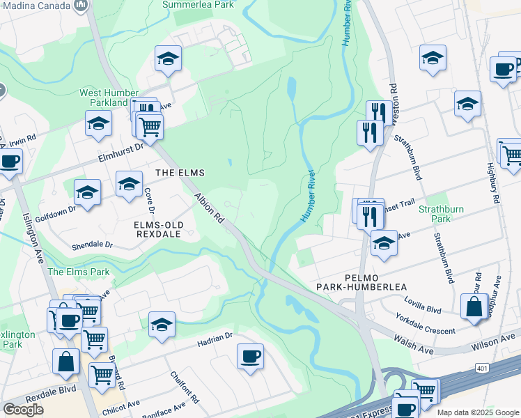 map of restaurants, bars, coffee shops, grocery stores, and more near in Toronto