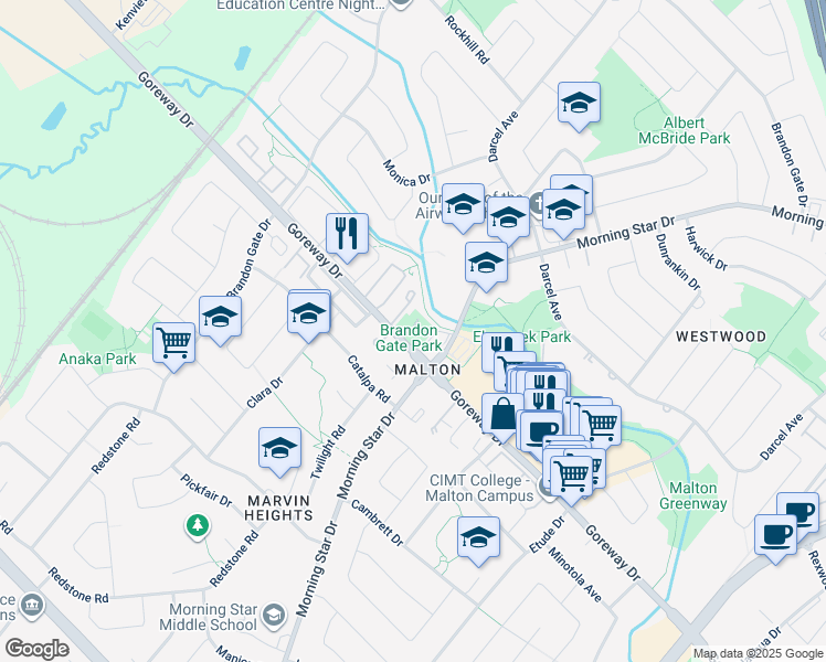 map of restaurants, bars, coffee shops, grocery stores, and more near in Mississauga