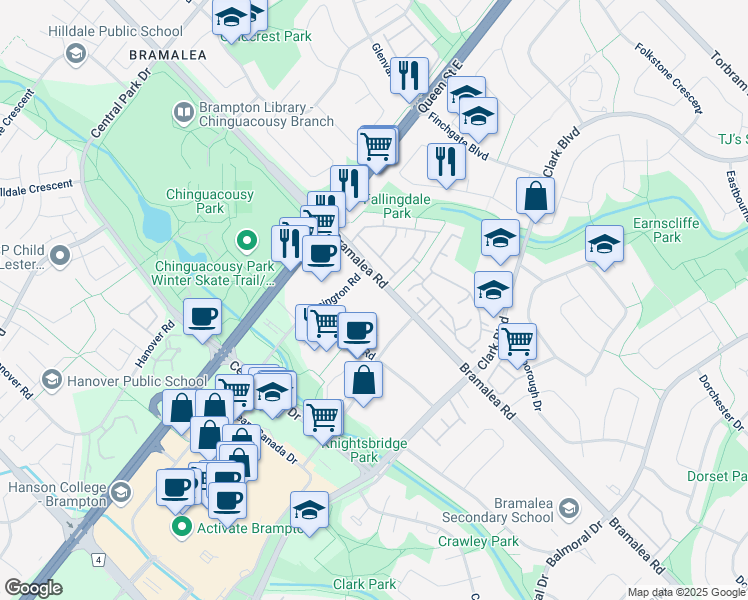 map of restaurants, bars, coffee shops, grocery stores, and more near in Brampton