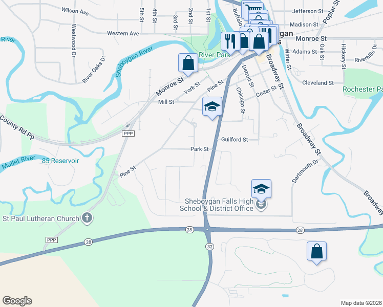 map of restaurants, bars, coffee shops, grocery stores, and more near 145 Park St in Sheboygan Falls