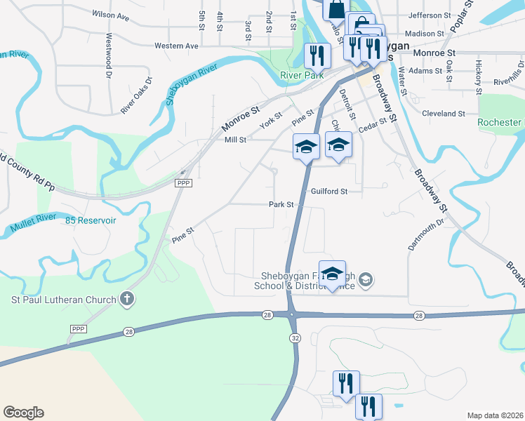 map of restaurants, bars, coffee shops, grocery stores, and more near 145 Park Street in Sheboygan Falls