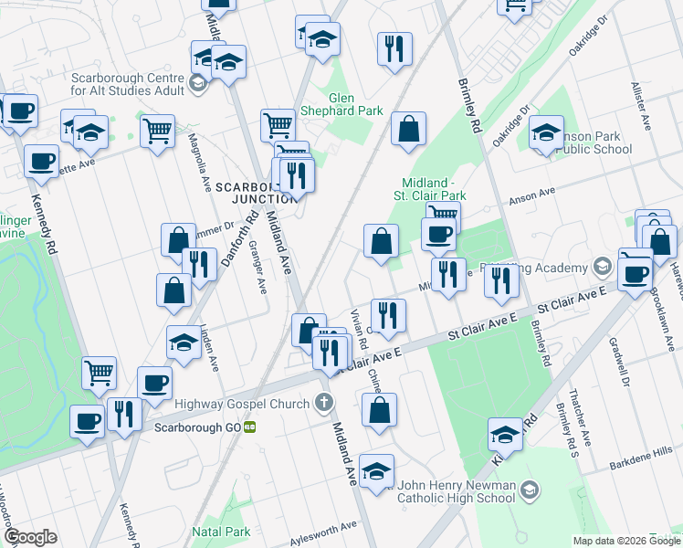map of restaurants, bars, coffee shops, grocery stores, and more near 66 Vivian Road in Toronto