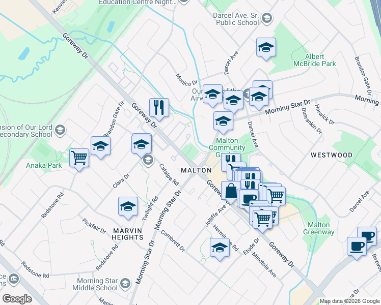 map of restaurants, bars, coffee shops, grocery stores, and more near 7405 Goreway Drive in Mississauga
