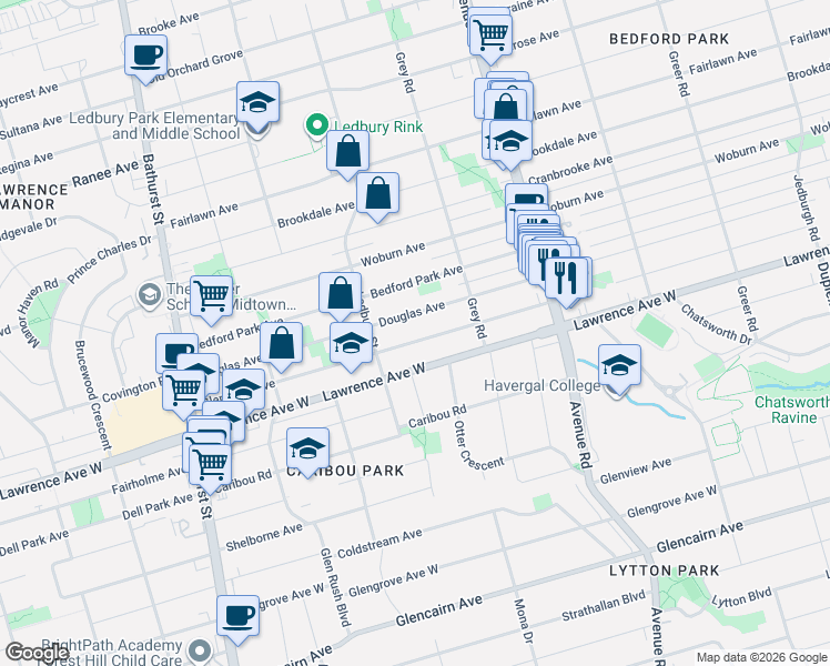 map of restaurants, bars, coffee shops, grocery stores, and more near 414 Glengarry Avenue in Toronto