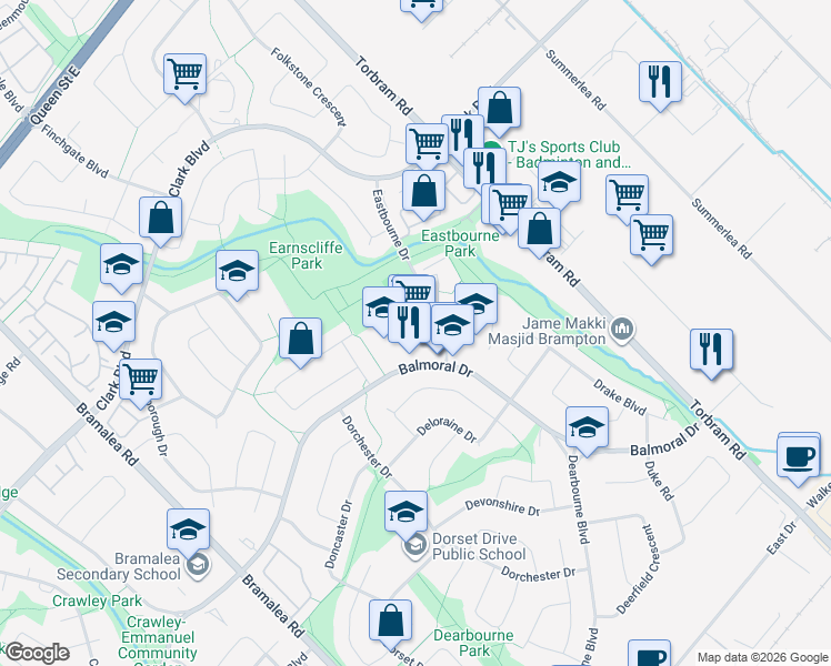 map of restaurants, bars, coffee shops, grocery stores, and more near 700 Balmoral Drive in Brampton
