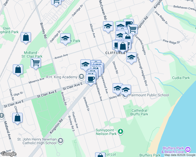 map of restaurants, bars, coffee shops, grocery stores, and more near in Toronto