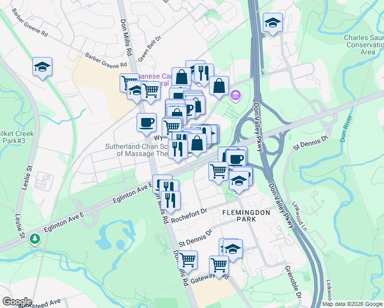 map of restaurants, bars, coffee shops, grocery stores, and more near 15 Gervais Drive in Toronto