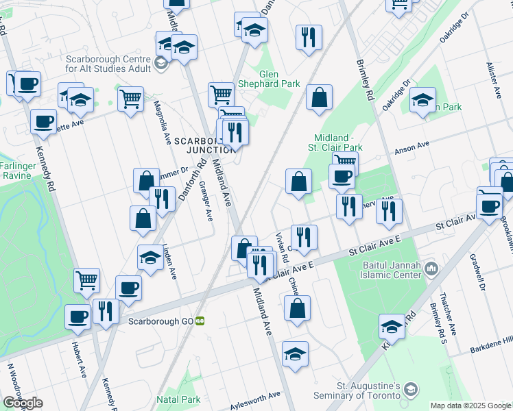 map of restaurants, bars, coffee shops, grocery stores, and more near 79 National Street in Toronto