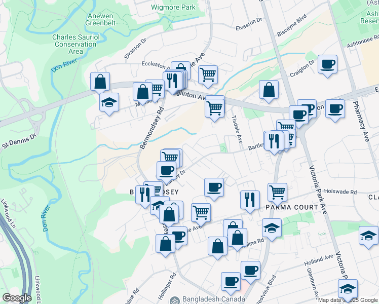 map of restaurants, bars, coffee shops, grocery stores, and more near in Toronto