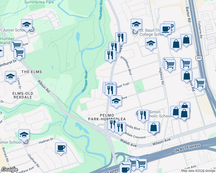 map of restaurants, bars, coffee shops, grocery stores, and more near 2862 Weston Road in Toronto