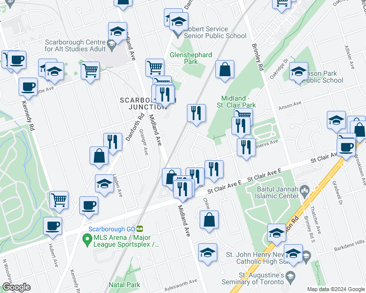 map of restaurants, bars, coffee shops, grocery stores, and more near 83 National Street in Toronto