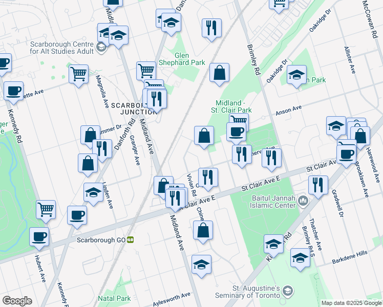 map of restaurants, bars, coffee shops, grocery stores, and more near 24 Gleneita Street in Toronto