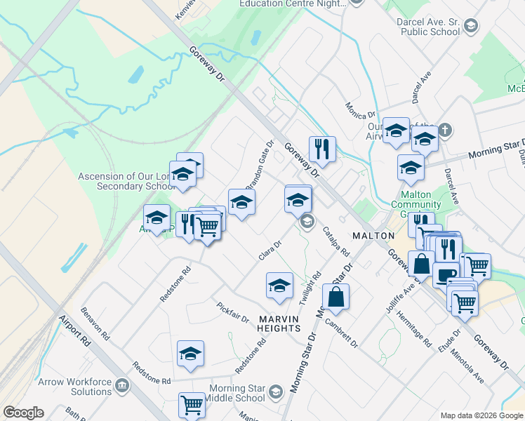 map of restaurants, bars, coffee shops, grocery stores, and more near 3345 Chipley Crescent in Mississauga