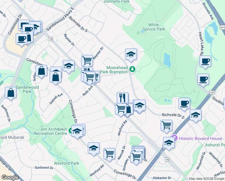 map of restaurants, bars, coffee shops, grocery stores, and more near 45 Cheviot Crescent in Brampton