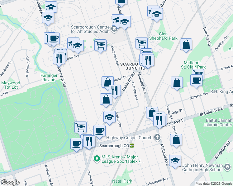 map of restaurants, bars, coffee shops, grocery stores, and more near in Toronto