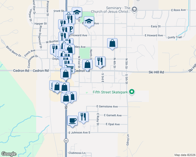map of restaurants, bars, coffee shops, grocery stores, and more near 65 South 2nd East in Driggs