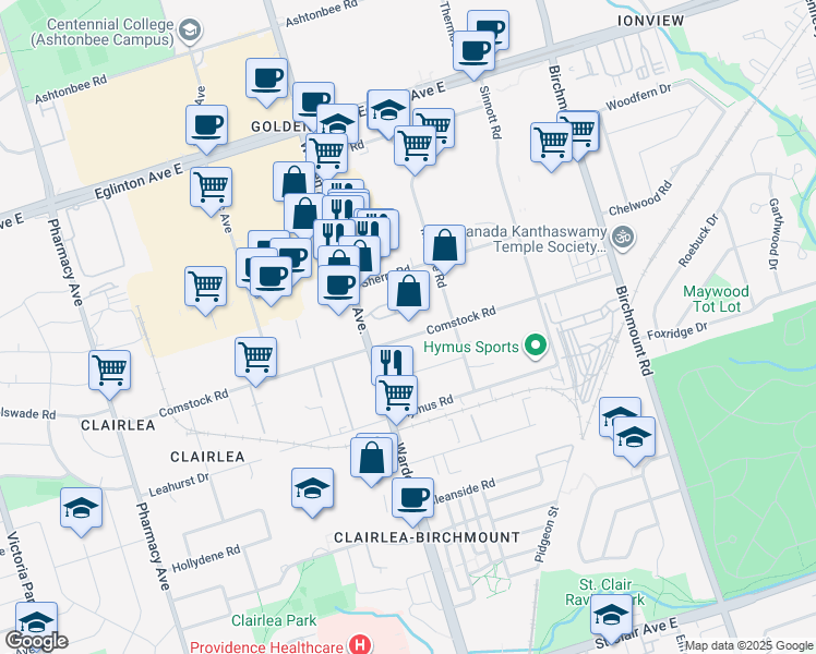 map of restaurants, bars, coffee shops, grocery stores, and more near in Toronto