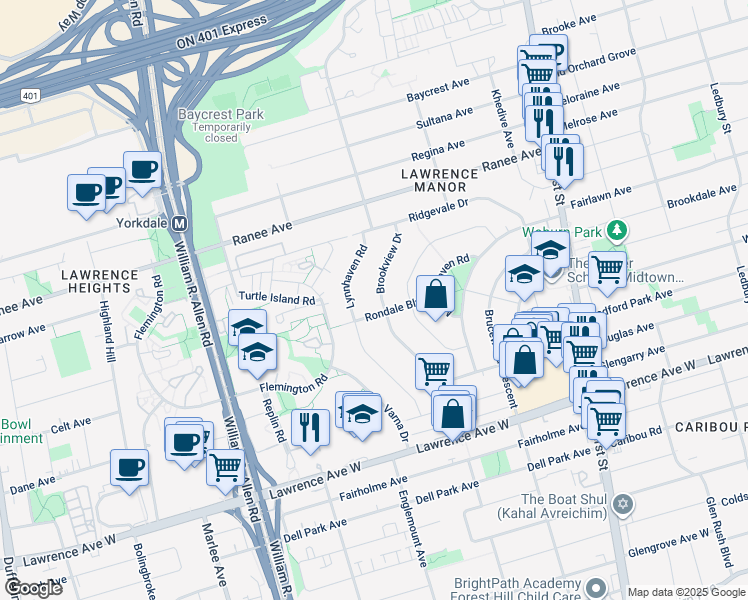 map of restaurants, bars, coffee shops, grocery stores, and more near 78 Brookview Drive in Toronto